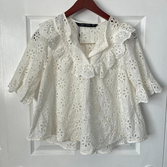 Zara White Eyelet V-Neck Ruffle Blouse Small Boho Cottagecore - Picture 1 of 8